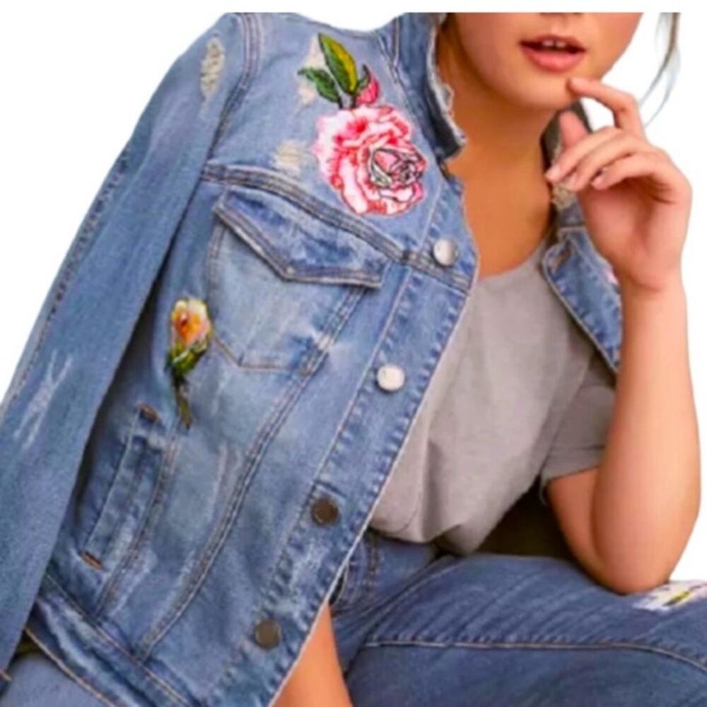 Lane Bryant Floral Embroidered Distressed Trucker Jean Jacket Sashiko Size 20 - Picture 2 of 15
